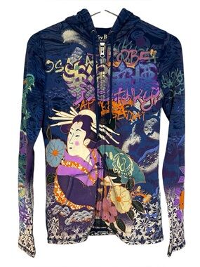 Y2K lucky brand S zip up hoodie‎ sweatshirt geisha AOP Asian Art DRAGON indie
